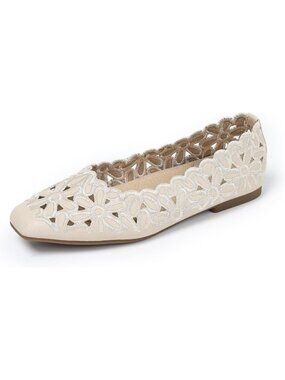 Women's Beige Lacy Square Toe Ballet Flats Comfortable Slip On Work Shoes